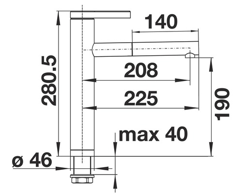 Technische Zeichnung einer Armatur mit Maßangaben