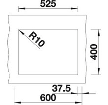 Technische Zeichnung mit Maßangaben für ein Waschbecken: 525 mm Breite, 400 mm Höhe, Radius 10, Gesamtlänge 600 mm.