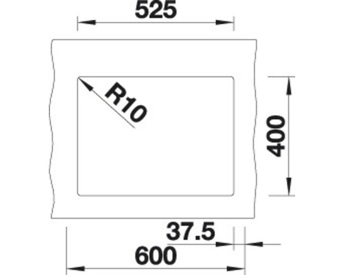 Technische Zeichnung mit Maßangaben für ein Waschbecken: 525 mm Breite, 400 mm Höhe, Radius 10, Gesamtlänge 600 mm.