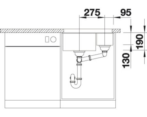 Zeichnung einer Spüle mit Abmessungen für die Küchenplanung