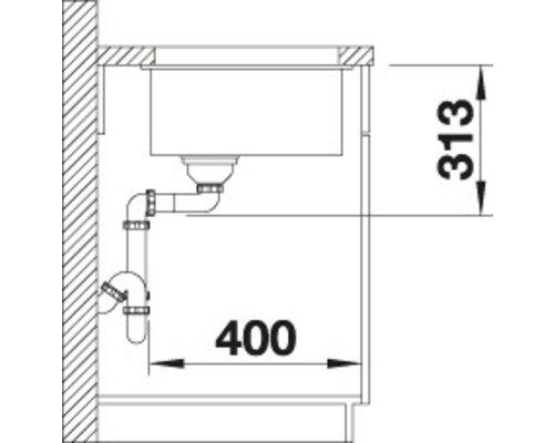 Schemazeichnung einer Spüle mit Maßangaben für den Einbau