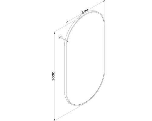 Technische Zeichnung eines ovalen Spiegels mit den Maßen 1000 x 500 mm