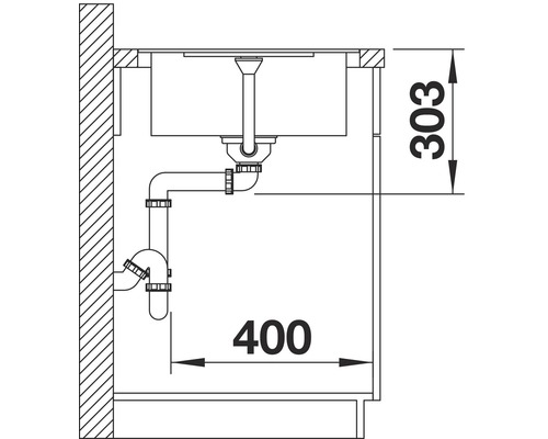 Skizze eines Spültischs mit Siphon und Maßangaben