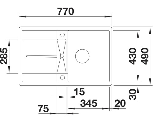 Zeichnung einer Küchenspüle mit Maßangaben