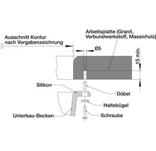 Installationsdiagramm für ein Unterbaubecken mit Arbeitsplatte aus Granit, Verbundwerkstoff oder Massivholz, das die Silikonabdichtung, den Dübel, den Haltebügel und die Schraube zeigt