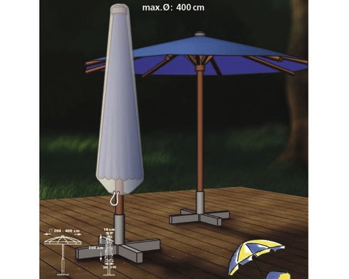 Abbildung eines geschlossenen und geöffneten Sonnenschirms mit Ständer