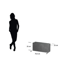 Rechteckiger Pflanzkasten mit den Maßen 74,5 cm Länge, 35 cm Höhe und 25 cm Breite.