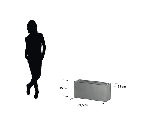Abbildung eines Pflanzkastens mit den Maßen 35 cm Höhe, 25 cm Breite und 74,5 cm Länge.