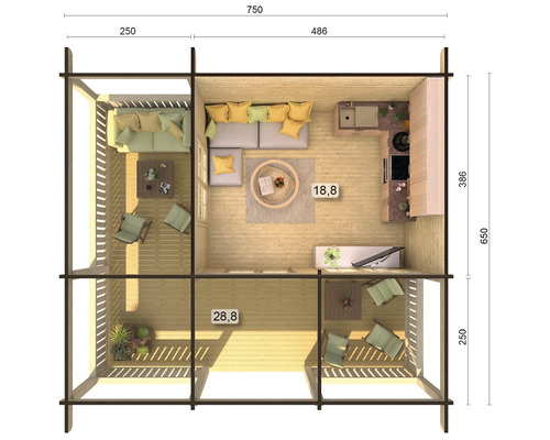 Grundriss eines Gartenhauses mit Wohnbereich, Küche und Terrasse.