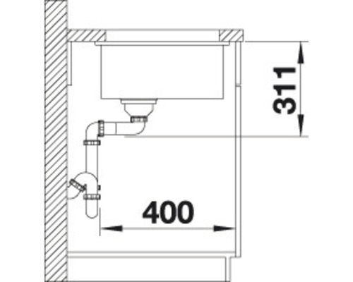 Skizze einer Spüle mit Abfluss und Maßangaben