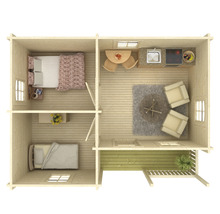 Grundriss eines Holzhauses mit Schlafzimmern, Wohnbereich, Küche und Terrasse
