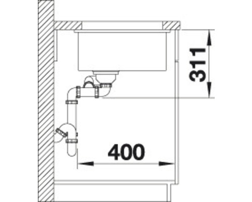 Zeichnung einer Spüle mit den Maßen 311 mal 400