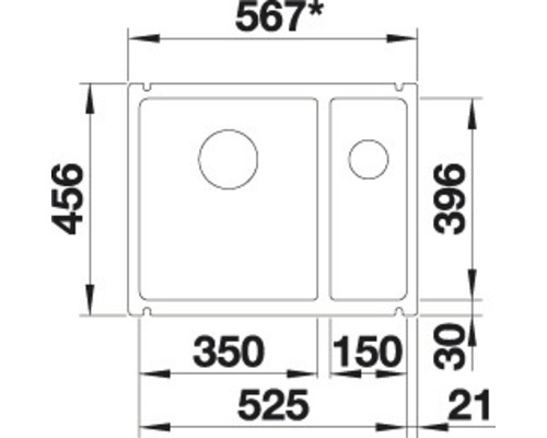 Technische Zeichnung einer Spüle mit den Maßen 567 x 456 Millimeter