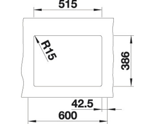 Technische Zeichnung einer Spüle mit den Maßen 600 x 515 x 386 mm und einem Radius von 15 mm