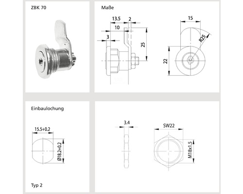 Abbildung eines Schrankschlosses mit technischen Maßen