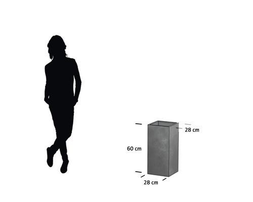 Illustration eines grauen Pflanzgefäßes mit den Maßen 28 x 28 x 60 cm.