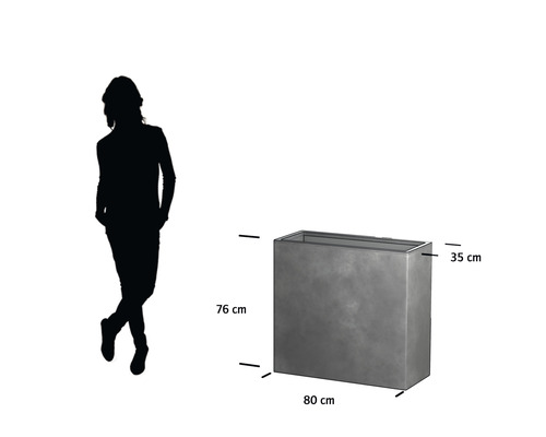 Rechteckiger Pflanzkasten mit den Maßen 76 cm Höhe, 80 cm Länge und 35 cm Breite.