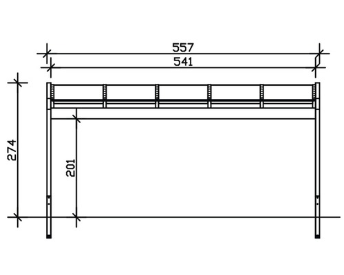 Technische Zeichnung eines Unterstandes mit den Maßen 557, 541 und 274