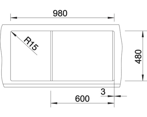 Technische Zeichnung einer Spüle mit den Maßen 980, 480 und 600 mm