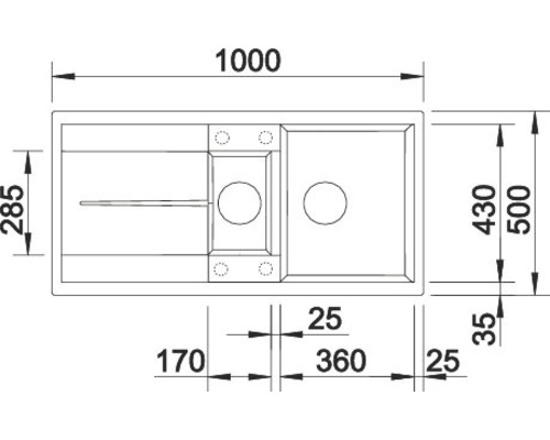 Technische Zeichnung einer Spüle mit Becken und Abtropffläche, Maße in Millimeter
