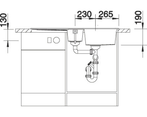 Technische Zeichnung eines Spülbeckens mit Unterschrank und Maßangaben