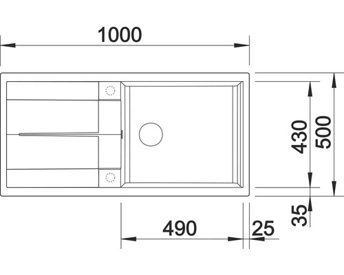 Zeichnung einer Spüle mit Maßangaben: Länge 1000 mm, Breite 500 mm.