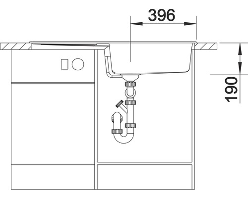 Zeichnung einer Küchenspüle mit Maßangaben 396 und 190