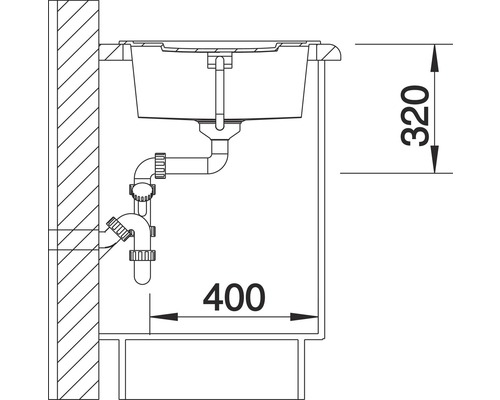 Technische Zeichnung eines Spülbeckens mit den Maßen 400 x 320 mm.