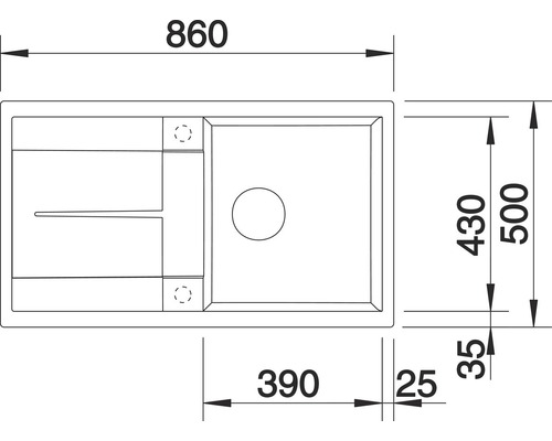 Technische Zeichnung einer Spüle mit Maßangaben