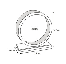 Abbildung eines Katzenlaufrads mit den Maßen 29 cm Durchmesser, 31,5 cm Höhe und einer Bodenplatte von 29 cm Länge und 12,5 cm Breite.