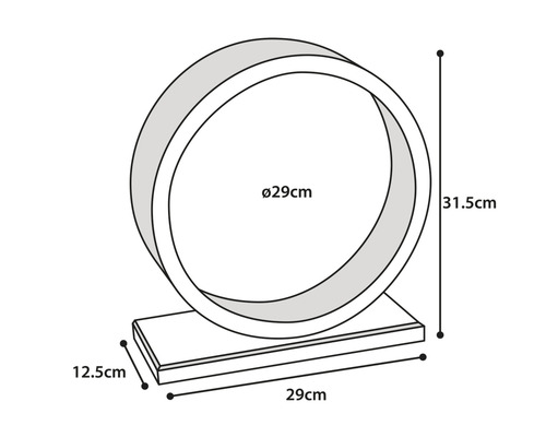 Abbildung eines Katzenlaufrads mit den Maßen 29 cm Durchmesser, 31,5 cm Höhe und einer Bodenplatte von 29 cm Länge und 12,5 cm Breite.