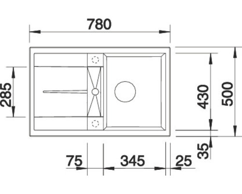 Technische Zeichnung einer Küchenspüle mit Maßangaben.