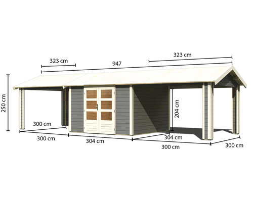 Abbildung eines Gartenhauses mit Abmessungen.