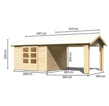 Holzgartenhaus mit Carport und Maßangaben