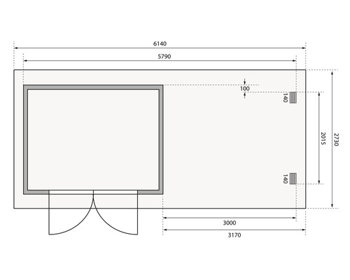 Grundrisszeichnung einer Gerätehütte mit Maßangaben
