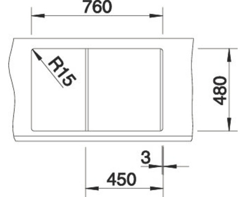 Technische Zeichnung einer Spüle mit den Maßen 760, 480 und 450 Millimeter