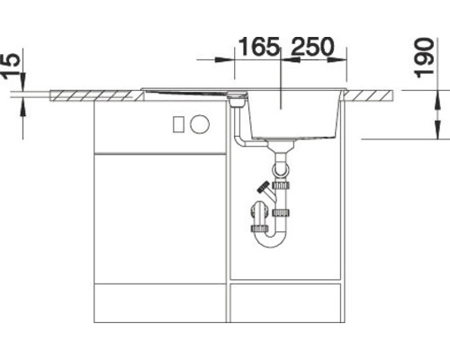 Technische Zeichnung einer Spüle mit Maßangaben
