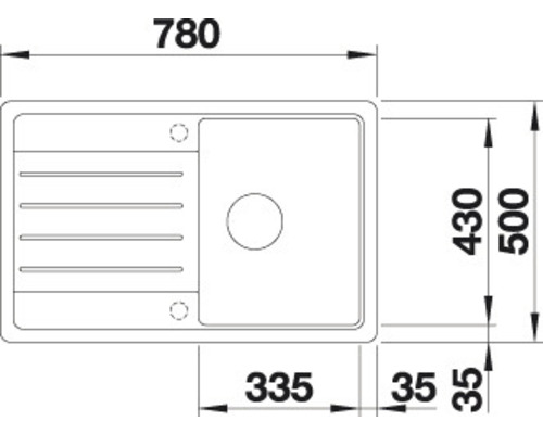 Technische Zeichnung einer Küchenspüle mit Abmessungen.