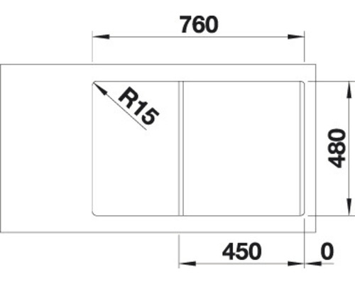 Technische Zeichnung einer Spüle mit den Maßen 760, 480 und 450 Millimeter