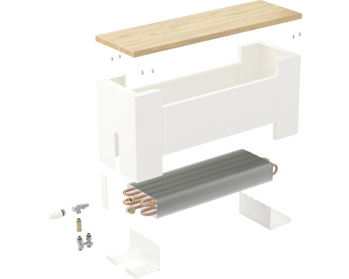 Explosionsdarstellung eines Heizkörperverkleidung Bausatzes mit Heizkörper, Ventilen und Befestigungsmaterial