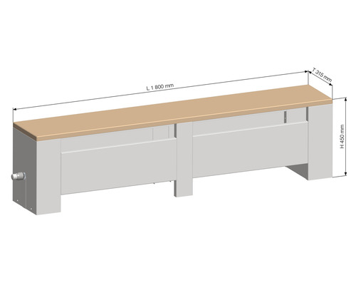 Heizkörperverkleidung mit den Maßen 1800 mm Länge, 315 mm Tiefe und 450 mm Höhe