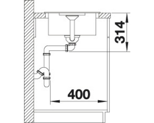 Technische Zeichnung eines Spülbeckens mit Abflussrohren und Maßangaben 314 und 400.