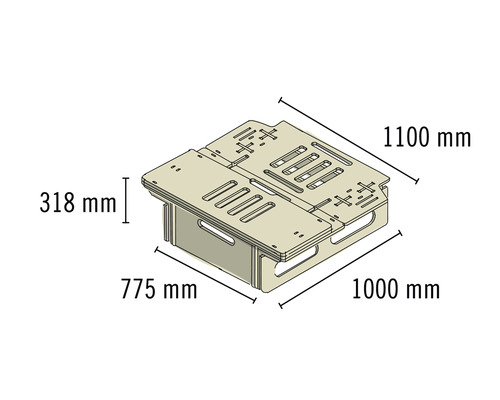 Abbildung eines Werkbankmoduls mit den Maßen 1100 mm mal 1000 mm