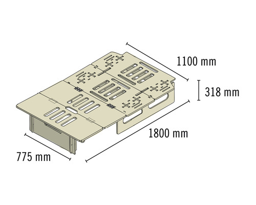 Technische Zeichnung eines 1800 mm langen, 1100 mm breiten und 318 mm hohen Objekts