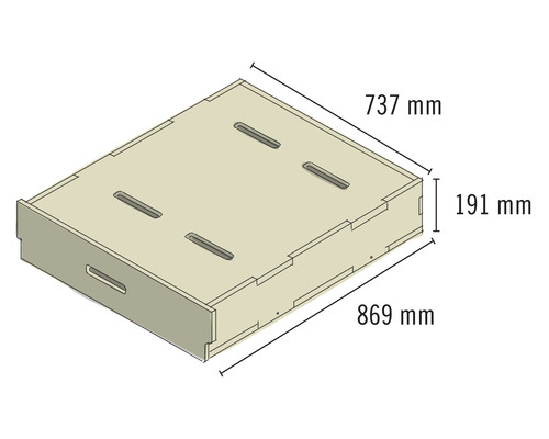 Schublade mit den Maßen 737 mm mal 869 mm mal 191 mm