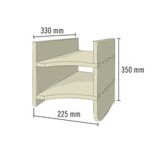 Regal mit zwei Fächern und den Maßen 330 mm Breite, 350 mm Höhe und 225 mm Tiefe.