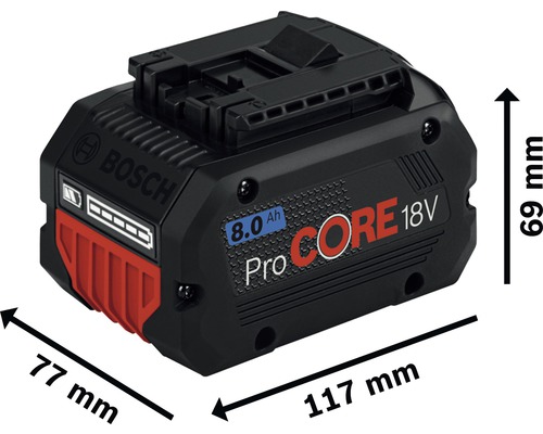 Bosch ProCore 18V 8.0 Ah Akku mit den Maßen 77 mm x 117 mm x 69 mm