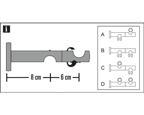 Abbildung einer Gardinenstangenhalterung mit den Maßen 8 cm und 6 cm sowie Montagemöglichkeiten.