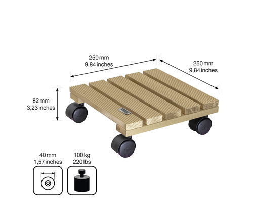 Rollbrett aus Holz mit den Maßen 250 x 250 mm und einer Traglast von 100 kg