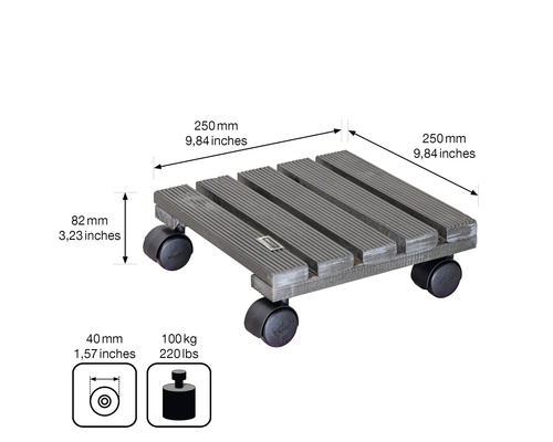 Pflanzenroller aus Holz mit Rollen und Maßangaben